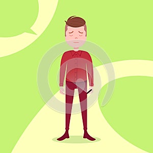 Teen boy character grieved hold phone male red suit template for design work and animation on green background full photo