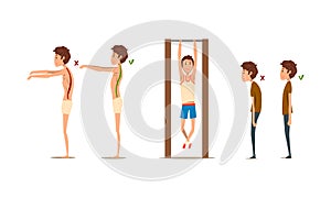 Teen Boy Demonstrating Wrong and Correct Spine Posture Vector Set