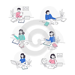 Teen Boy and Girl Doing Homework Sitting at Desk Studying with Book and Computer Vector Set