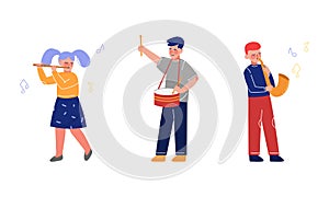 Teen Boy and Girl Playing Drum and Flute as Talented Musician Character Vector Set