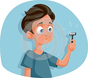 Teen Boy Holding Razor for First Shave Vector Cartoon