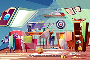 Teen boy messy attic room interior cartoon vector