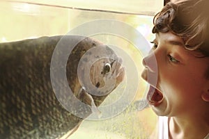 Teen boy mocking fish in aquarium