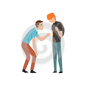 Teen boy mocking his classmate, conflict between children, mockery and bullying at school vector Illustration on a white