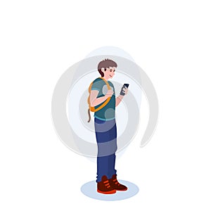 Teen Boy With Phone illustration. Boy, smartphone, t-shirt, backpack. Editable vector graphic design.