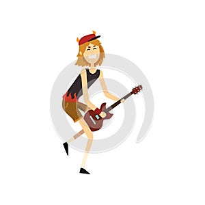 Teen boy playing on guitar. Young guitarist performing on stage. Cartoon kid character in cap with horns, green shorts