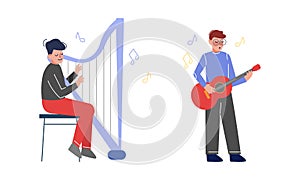 Teen Boy Playing Harp and Guitar as Talented Musician Character Vector Set