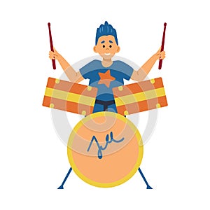 Teen boy playing music on drums, cartoon flat vector illustration isolated.