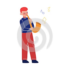 Teen Boy Playing Saxophone Musical Instrument, Young Talented Musician Character Vector Illustration on White Background