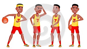 Teen Boy Poses Set Vector. Black. Afro American. Cute, Comic. Joy. For Postcard, Announcement, Cover Design. Isolated