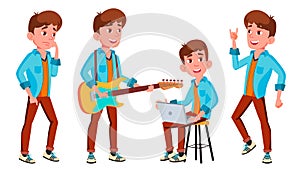 Teen Boy Poses Set Vector. Face. Children. For Web, Brochure, Poster Design. Isolated Cartoon Illustration