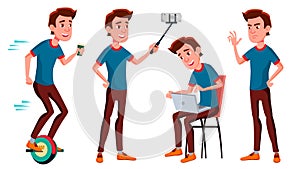 Teen Boy Poses Set Vector. Funny, Friendship. For Advertisement, Greeting, Announcement Design. Isolated Cartoon