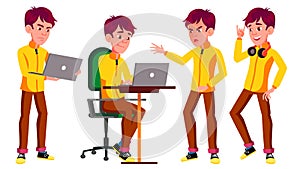 Teen Boy Poses Set Vector. Funny, Friendship. Laptop, Music. For Advertisement, Greeting, Announcement Design. Isolated