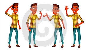Teen Boy Poses Set Vector. Indian, Hindu. Asian. Cute, Comic. Joy. For Postcard, Announcement, Cover Design. Isolated
