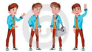 Teen Boy Poses Set Vector. Positive Person. For Postcard, Cover, Placard Design. Isolated Cartoon Illustration