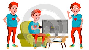 Teen Boy Poses Set Vector. Red Head. Fat Gamer. Adult People. Casual. For Advertisement, Greeting, Announcement Design