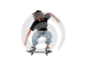 Teen Boy With Skateboard Jumping Over White
