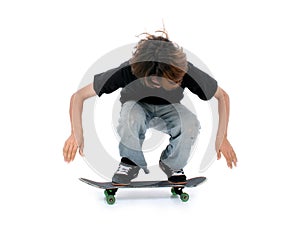 Teen Boy With Skateboard Over White