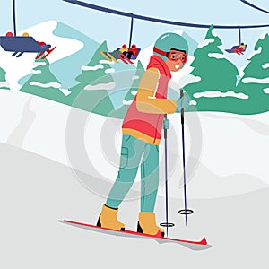 Teen Boy Skiing at Mountain Resort with Ropeway. Child Wear Sportive Costume, Helmet and Goggles Going Downhill by Skis