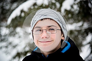 Teen Boy Smiling outdoor Snowy Portrait