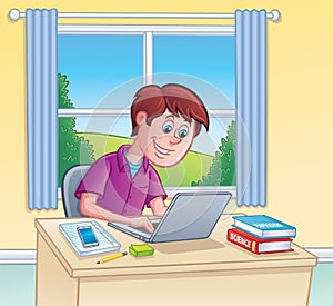 Teen Boy Using Laptop Computer for Homework
