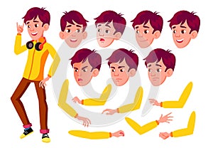 Teen Boy Vector. Teenager. Pretty, Youth. Face Emotions, Various Gestures. Animation Creation Set. Isolated Flat Cartoon