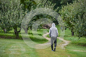 Teen Boy Walking through an Apple Orchard