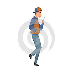 Teen Boy Walking Outside, Guy Looking at His Smartphone, Person Using Digital Gadget for Online Communication Vector