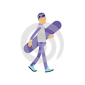 Teen boy walking with snowboard, boy doing sport, active lifestyle vector Illustration