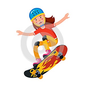 Teen boy in wearing helmet jumping on skateboard