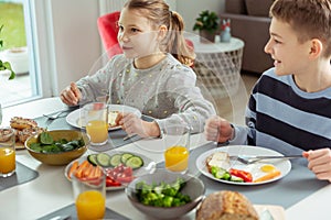 Teen brother and sister eating healthy breakfast at home