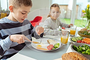 Teen brother and sister eating healthy breakfast at home