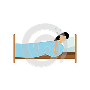 Teen brunette girl sleeping in her bed cartoon vector illustration