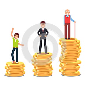 Teen, business man, old senior standing on rising stacks of gold coins money. Financial investments