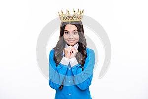 Teen child in queen crown isolated on white background. Princess girl in tiara. Teenage girl wear diadem.