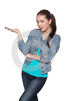 Teen female holding blank copy space on the palm