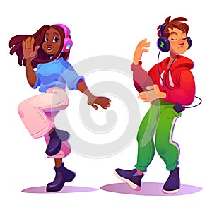 Teen girl and boy listening music in earphones