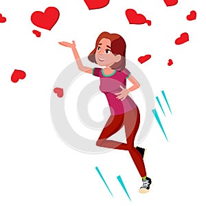 Teen Girl Catching Flying Hearts Vector. Isolated Illustration