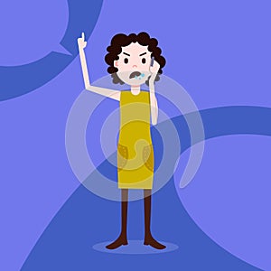 Teen girl character angry phone call female template for design work and animation on blue background full length flat