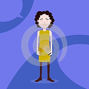 Teen girl character grieved hold phone female template for design work and animation on blue background full length flat
