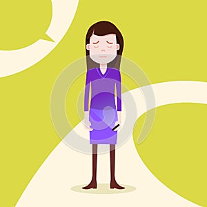 Teen girl character grieved hold phone female template for design work and animation on yellow background full length