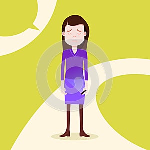 Teen girl character grieved hold phone female template for design work and animation on yellow background full length photo