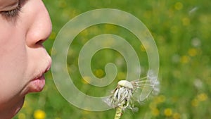 Teen Girl child holds and blows on a dandelion. Happy childhood concept. Playing outdoors. Slow motion summer video.