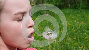 Teen Girl child holds and blows on a dandelion. Happy childhood concept. Playing outdoors. Slow motion summer video.