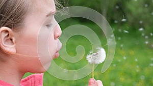 Teen Girl child holds and blows on a dandelion. Happy childhood concept. Playing outdoors. Slow motion summer video.