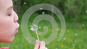 Teen Girl child holds and blows on a dandelion. Happy childhood concept. Playing outdoors. Slow motion summer video.