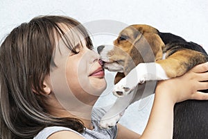 Teen girl with dog, dog licks her face