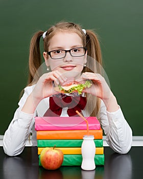 Teen girl eating a sandwich at lunchtime photo