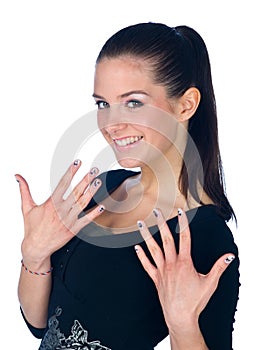 Teen girl with fingernails tattoos