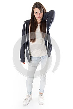 Teen girl in full-length standing casually isolated on white